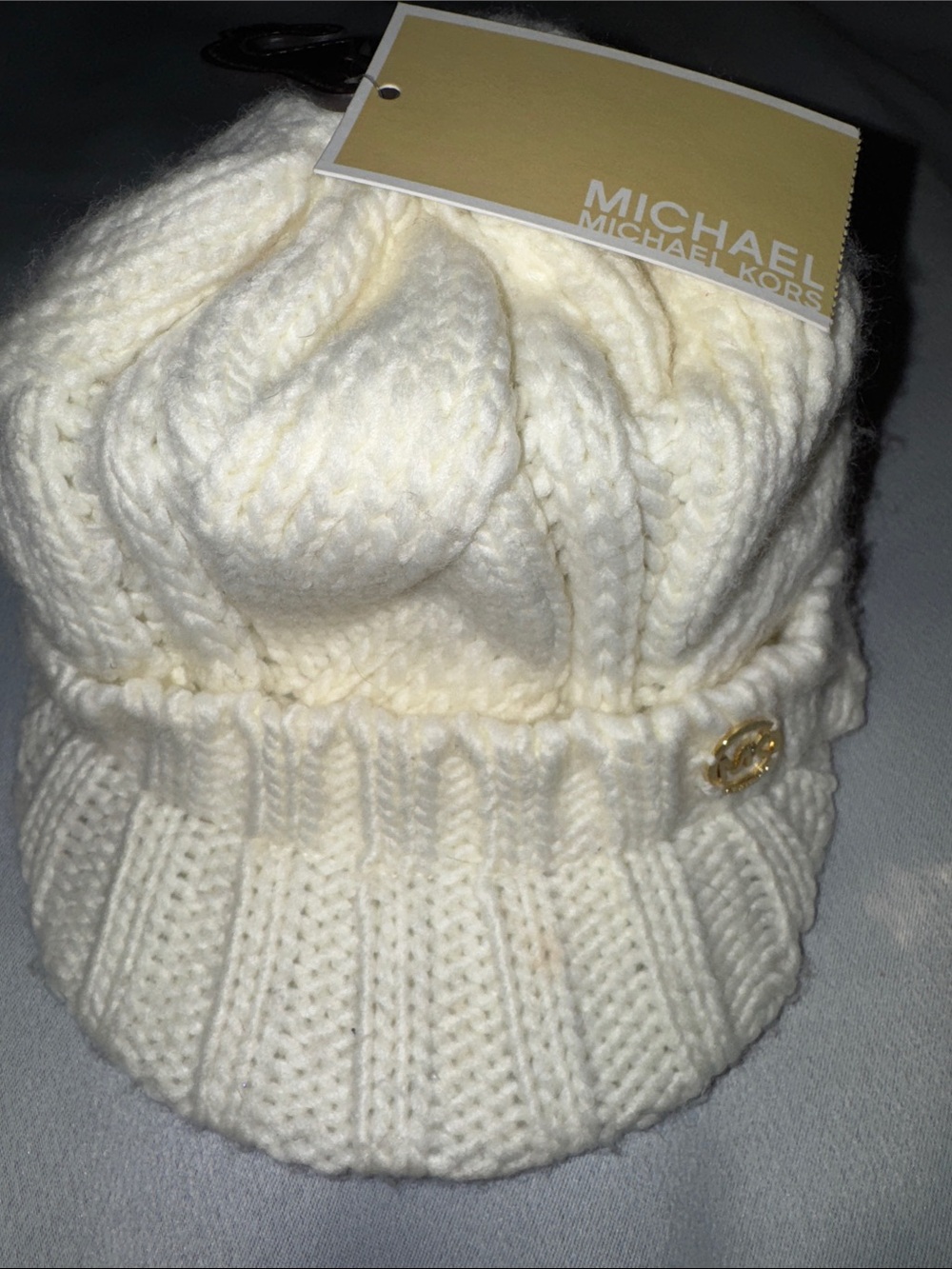 Michael Kors Ivory Cable Knit Fold-Over Beanie with Logo Charm
